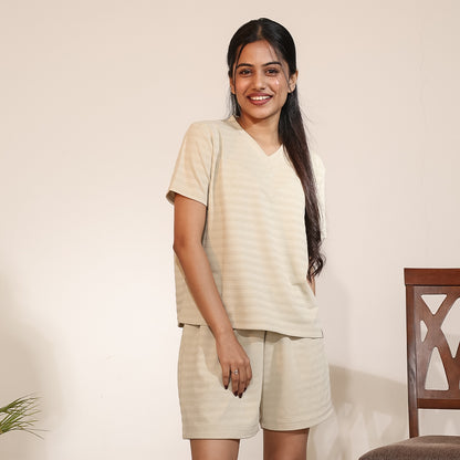 Cotton V-Neck Nightwear Set - Top & Shorts (Beige)