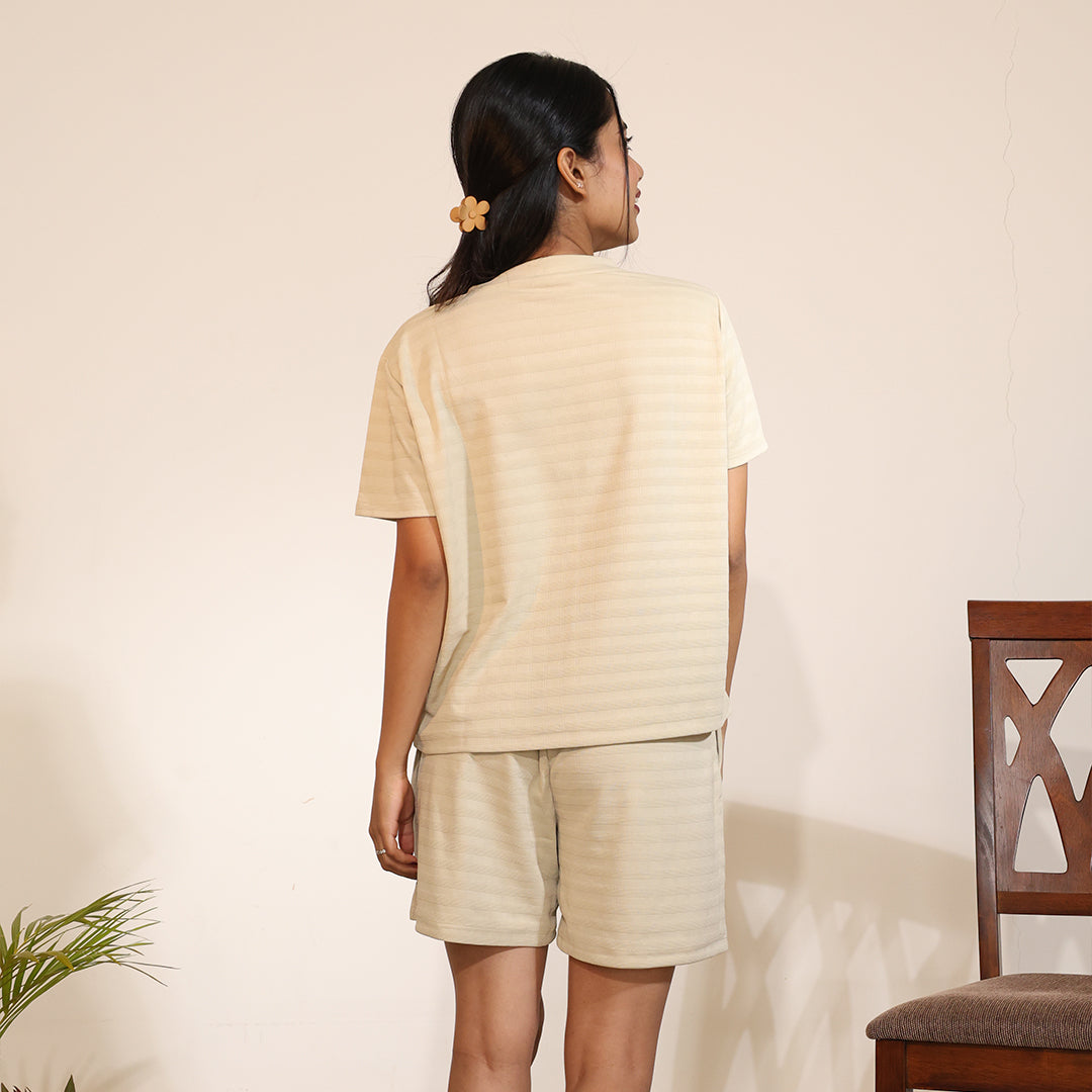 Cotton V-Neck Nightwear Set - Top & Shorts (Beige)