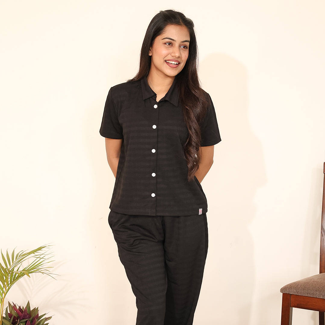 Button-Down Collar Nightwear Set - Top & Pants (Black)