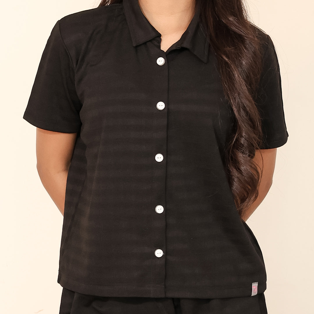 Button-Down Collar Nightwear Set - Top & Pants (Black)