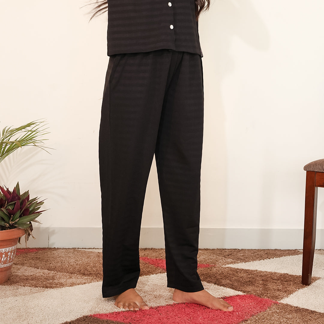 Button-Down Collar Nightwear Set - Top & Pants (Black)