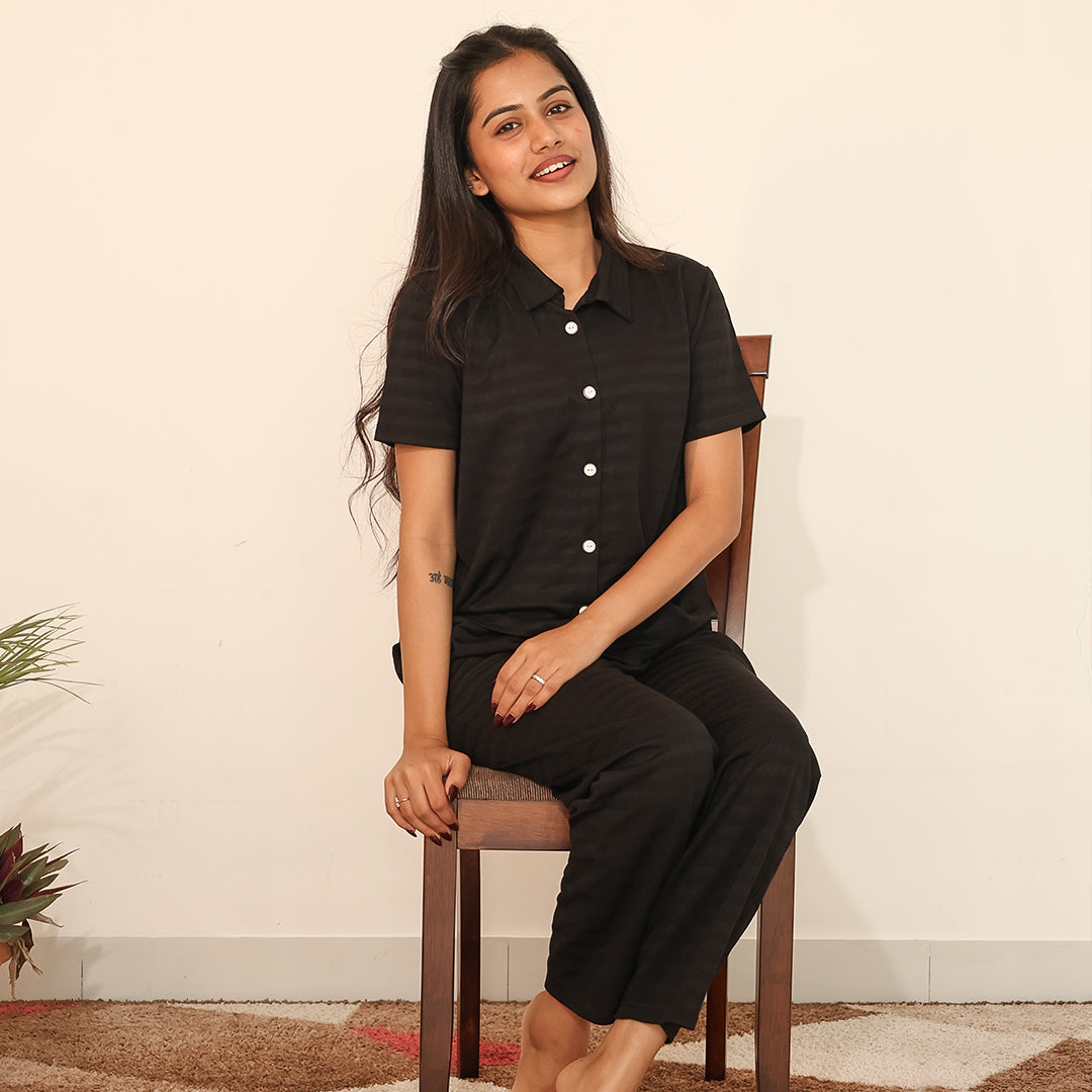 Button-Down Collar Nightwear Set - Top & Pants (Black)