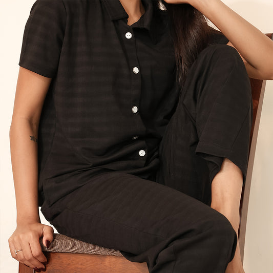 Button-Down Collar Nightwear Set - Top & Pants (Black)
