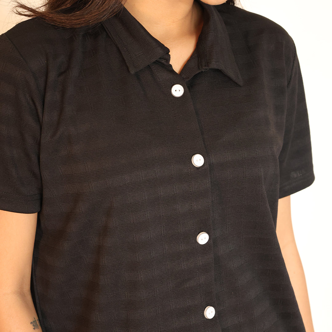 Button-Down Collar Nightwear Set - Top & Shorts (Black)