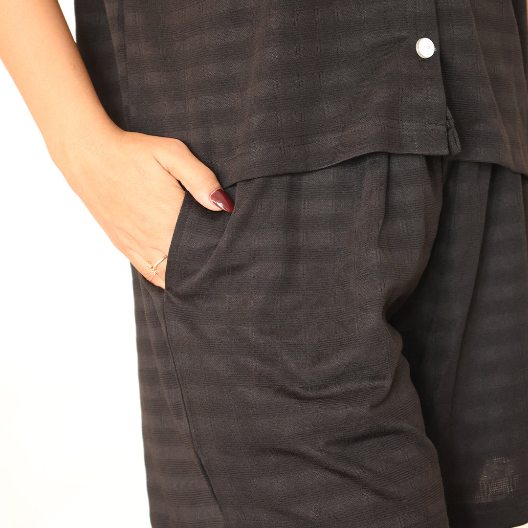 Button-Down Collar Nightwear Set - Top & Shorts (Black)