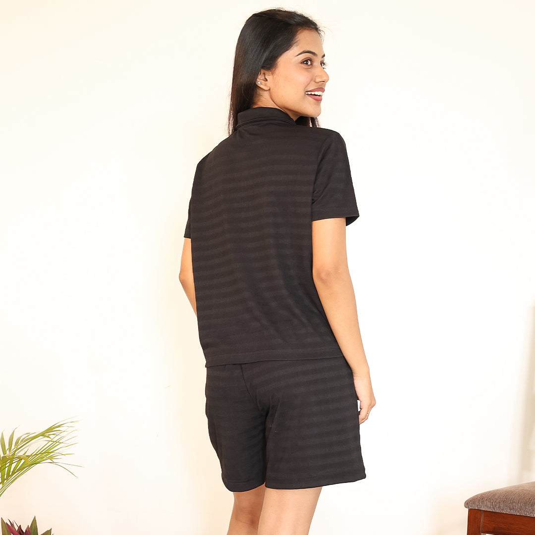 Button-Down Collar Nightwear Set - Top & Shorts (Black)