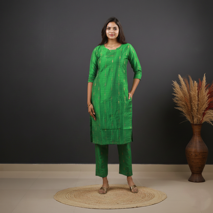 Raw Silk Zari Butta Green Top and Bottom