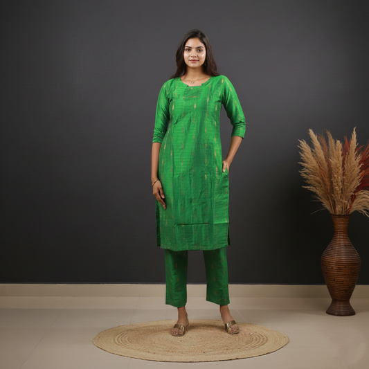 Raw Silk Zari Butta Green Top and Bottom
