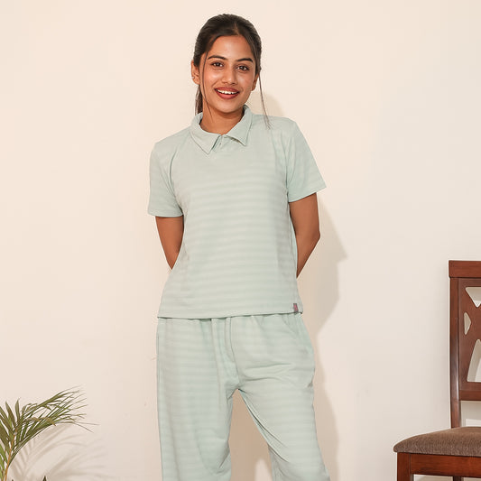 Cotton Collar Neck Nightwear Set - Top & Pants (Green)