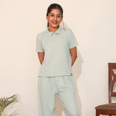 Cotton Collar Neck Nightwear Set - Top & Pants (Green)