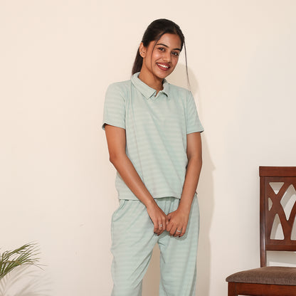 Cotton Collar Neck Nightwear Set - Top & Pants (Green)