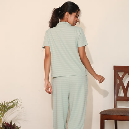 Cotton Collar Neck Nightwear Set - Top & Pants (Green)
