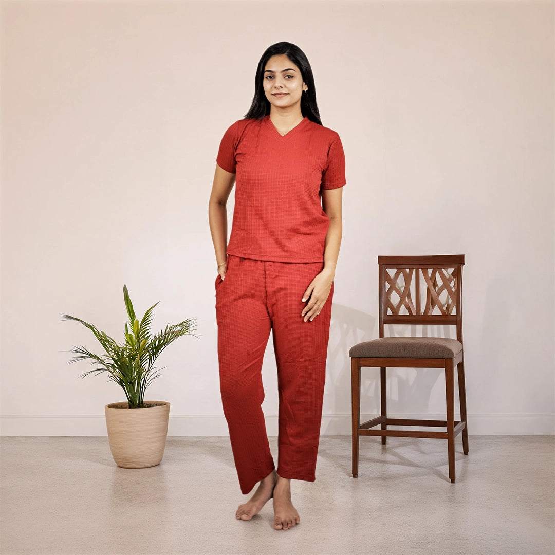 Cotton V Neck Top +Pant  Nightwears (Red)