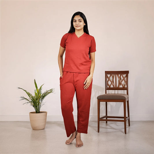 Cotton V Neck Top +Pant  Nightwears (Red)