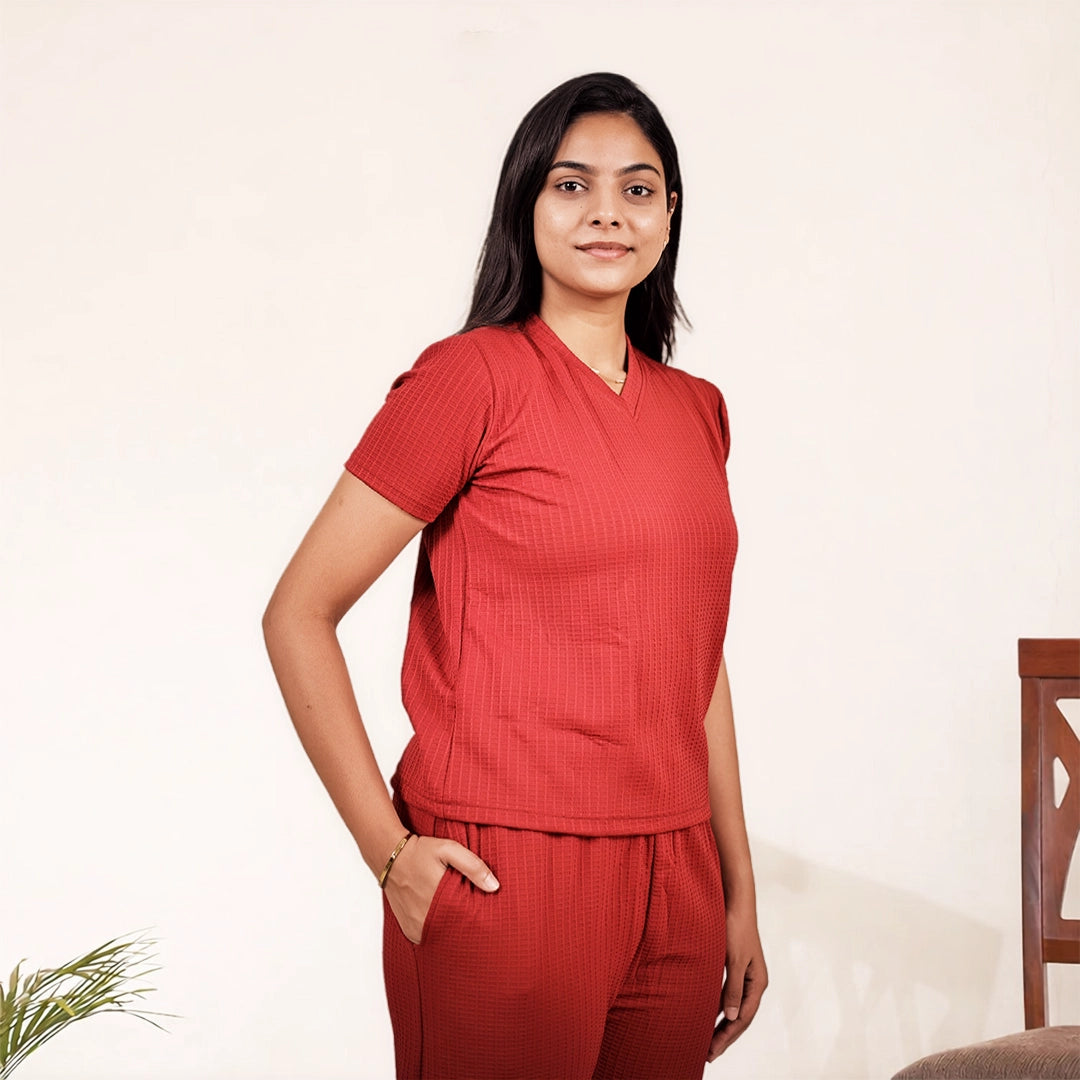 Cotton V Neck Top +Pant  Nightwears (Red)