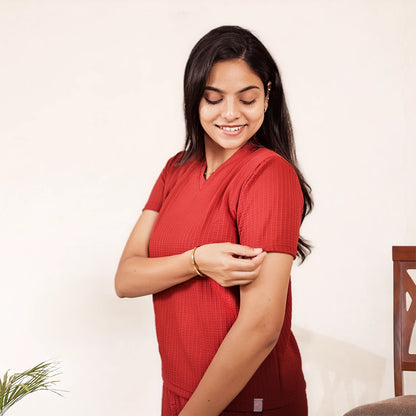 Cotton V Neck Top +Pant  Nightwears (Red)