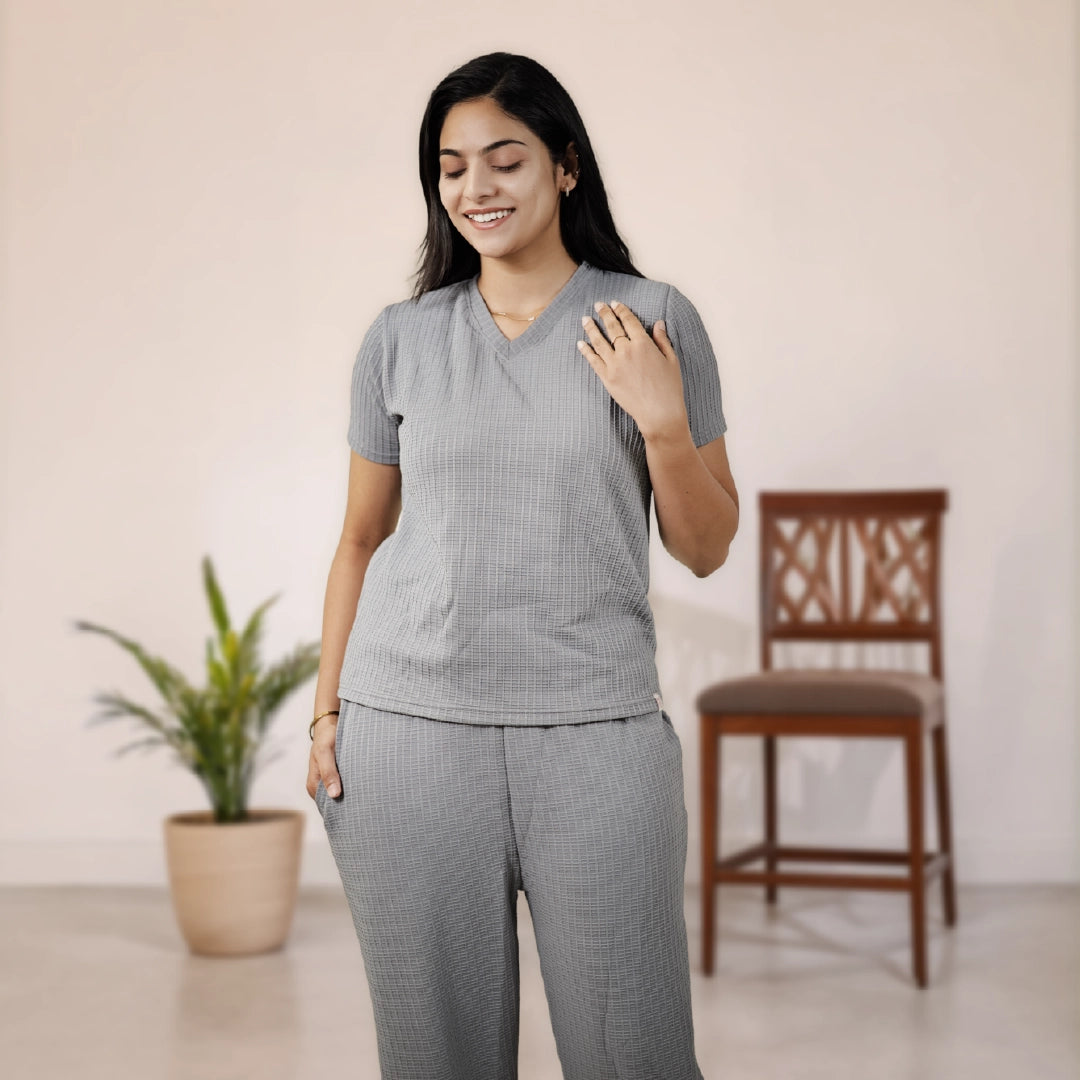 Cotton V Neck Top +Pant  Nightwears (Grey)