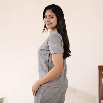 Cotton V Neck Top +Pant  Nightwears (Grey)