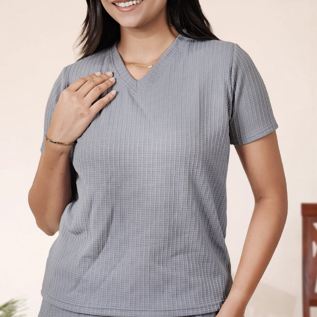 Cotton V Neck Top +Pant  Nightwears (Grey)