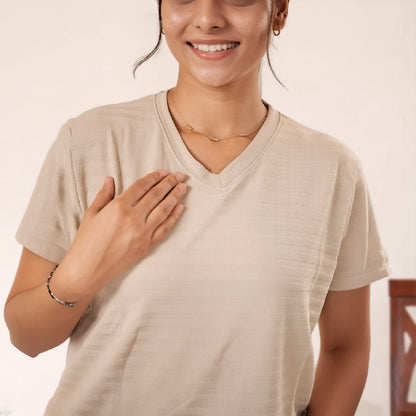 Cotton V-Neck Nightwear Set - Top & Shorts (Beige)
