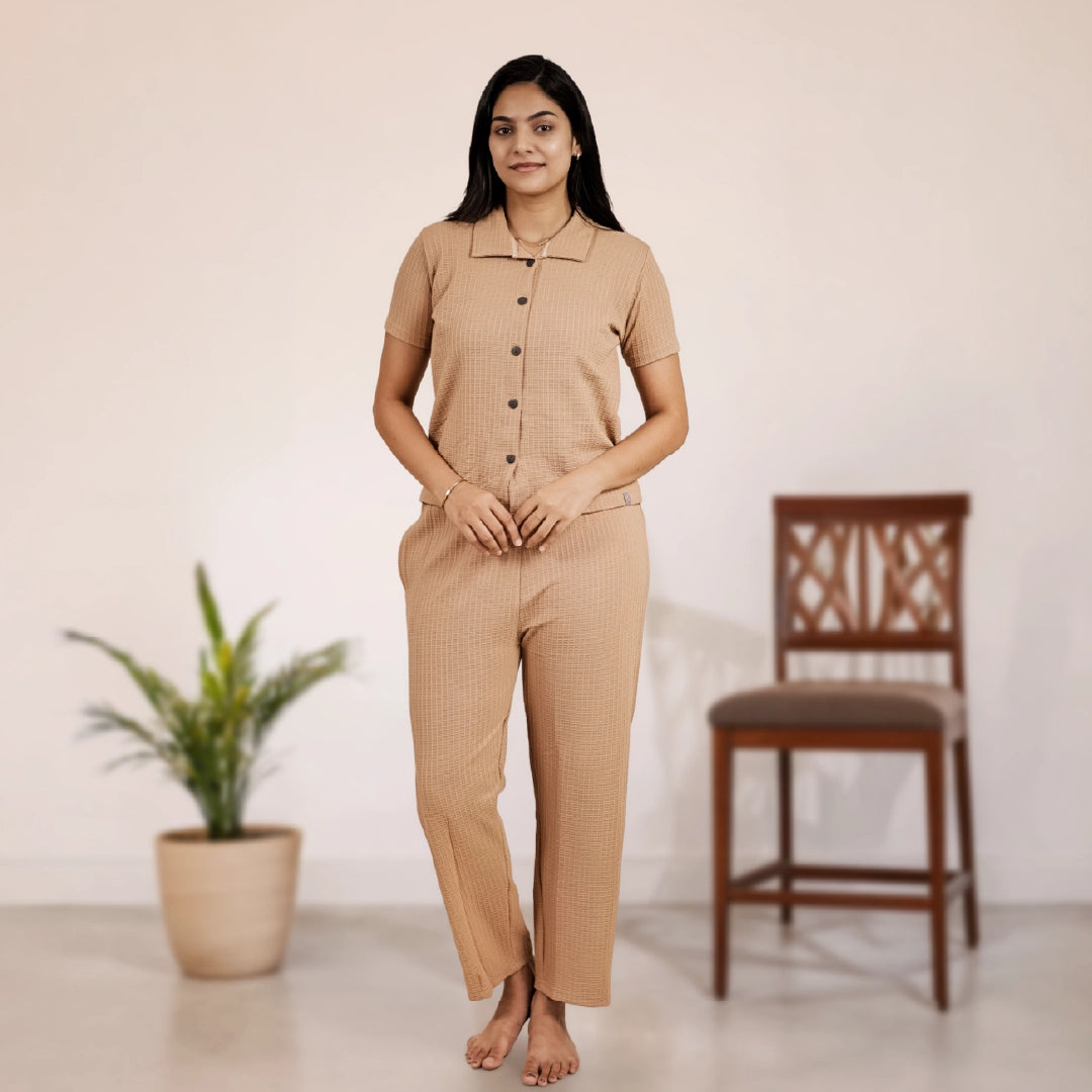 Button-Down Collar Nightwear Set Top + Pant Nightwears (Beige)