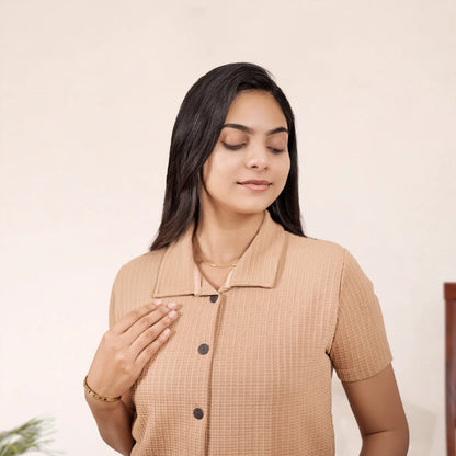 Button-Down Collar Nightwear Set Top + Pant Nightwears (Beige)