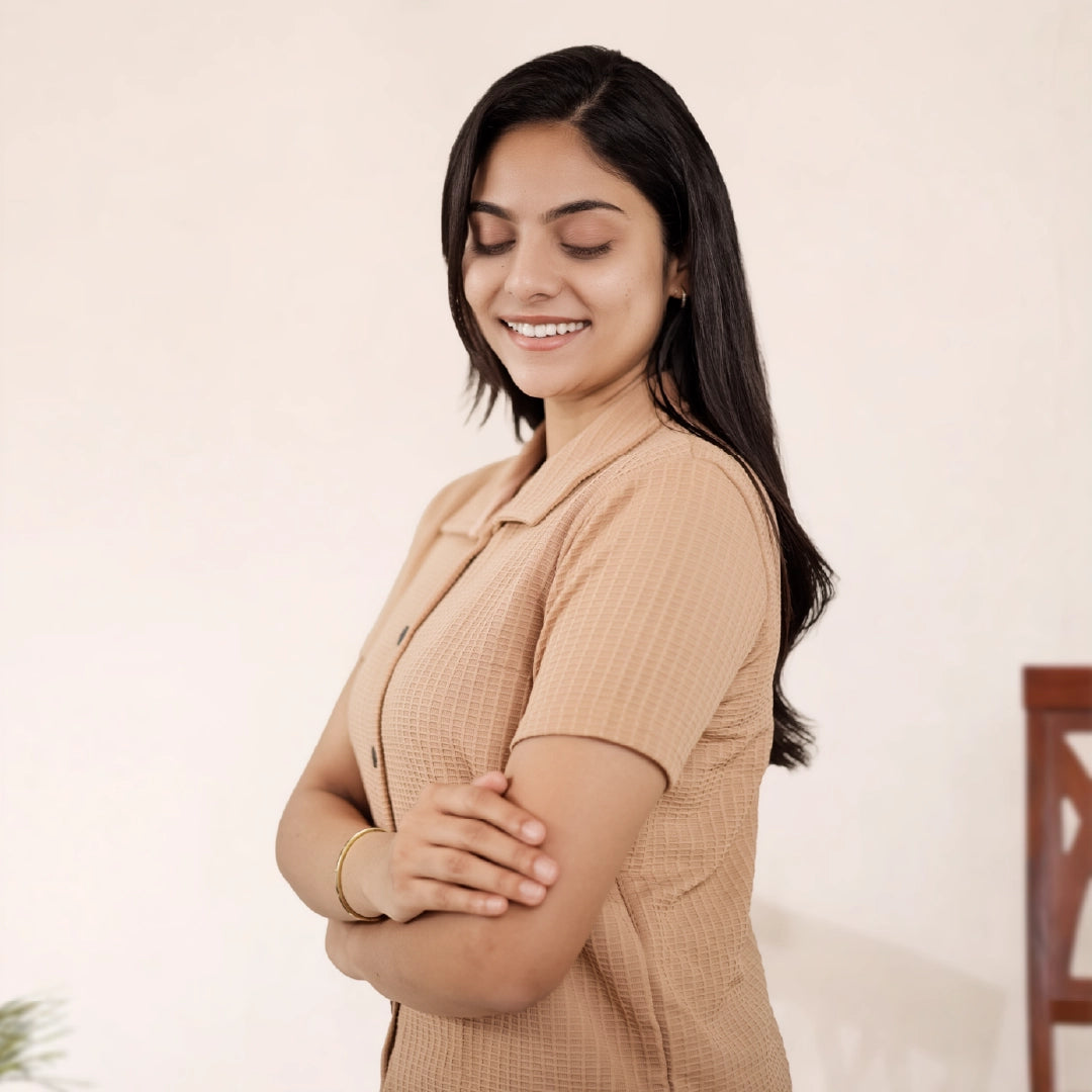 Button-Down Collar Nightwear Set Top + Pant Nightwears (Beige)