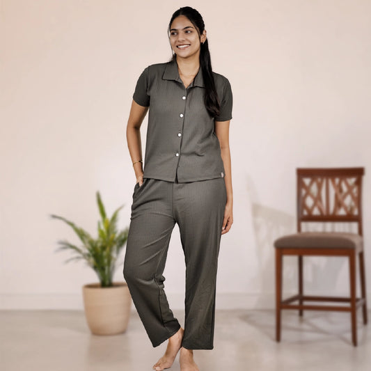 Button-Down Collar Nightwear Set Top + Pant Nightwears (Dark Green)