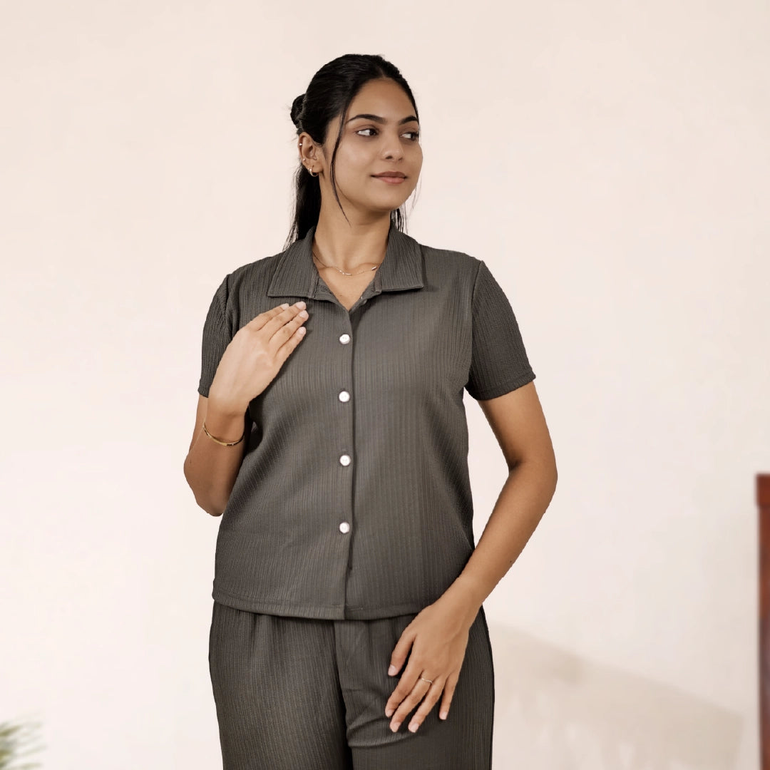 Button-Down Collar Nightwear Set Top + Pant Nightwears (Dark Green)