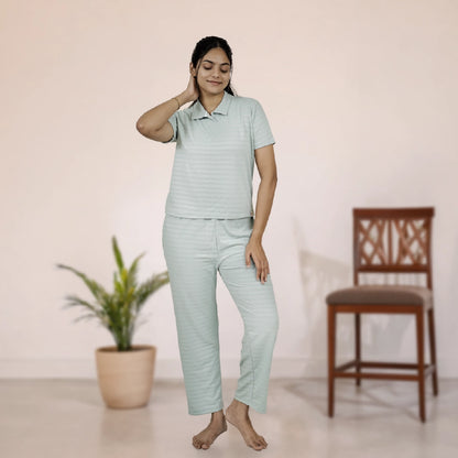 Cotton Collar Neck Nightwear Set - Top & Pants (Green)