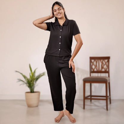 Button-Down Collar Nightwear Set Top + Pant Nightwears (Black)