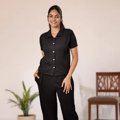 Button-Down Collar Nightwear Set Top + Pant Nightwears (Black)