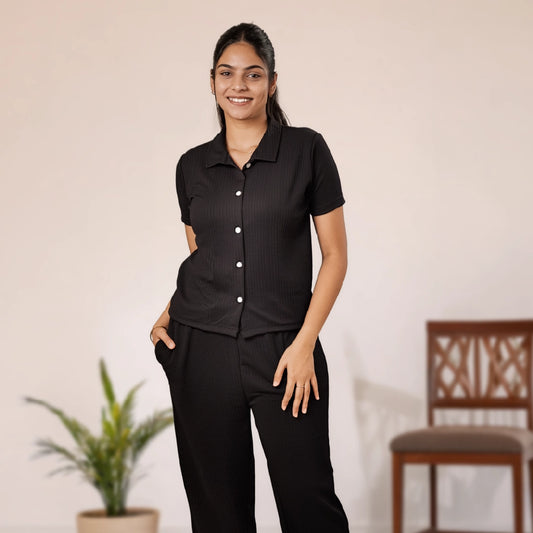 Button-Down Collar Nightwear Set Top + Pant Nightwears (Black)