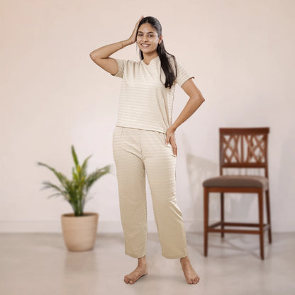 Cotton V-Neck Nightwear Set - Top & Pants (Beige)