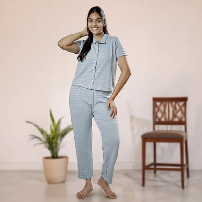 Button-Down Collar Nightwear Set Top & Pants  (Light Blue)