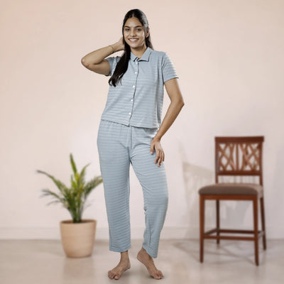 Button-Down Collar Nightwear Set Top & Pants  (Light Blue)
