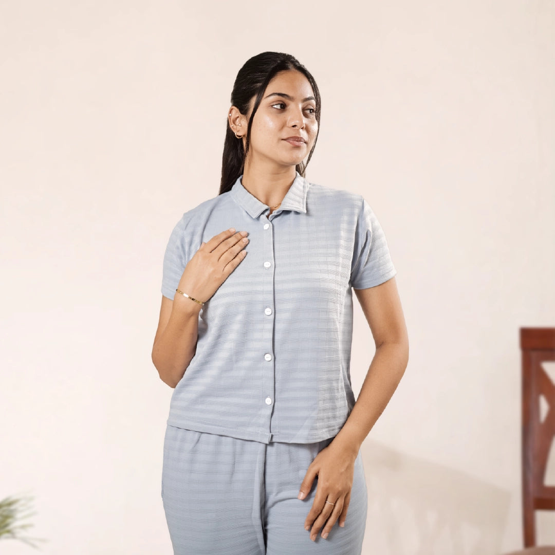 Button-Down Collar Nightwear Set Top & Pants  (Light Blue)