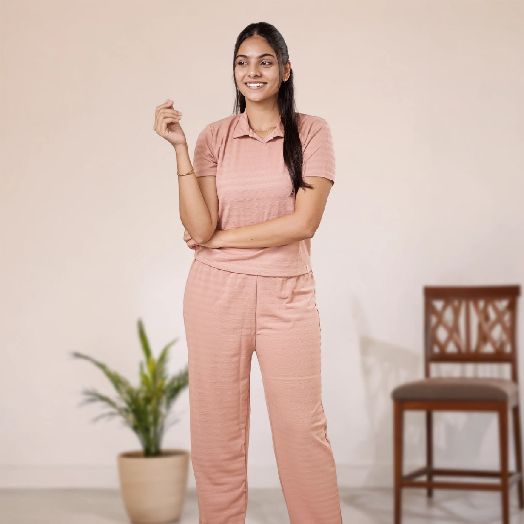 Cotton Collar Neck Nightwear Set - Top & Pants (Peach)