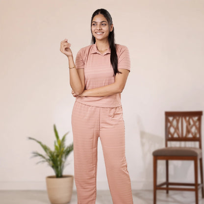 Cotton Collar Neck Nightwear Set - Top & Pants (Peach)