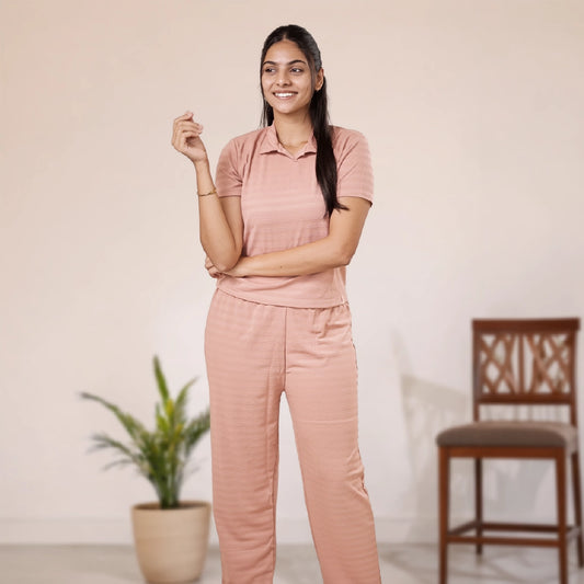 Cotton Collar Neck Nightwear Set - Top & Pants (Peach)