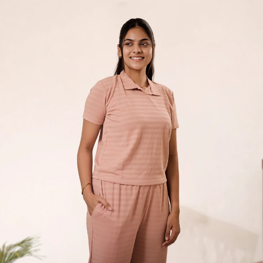 Cotton Collar Neck Nightwear Set - Top & Pants (Peach)