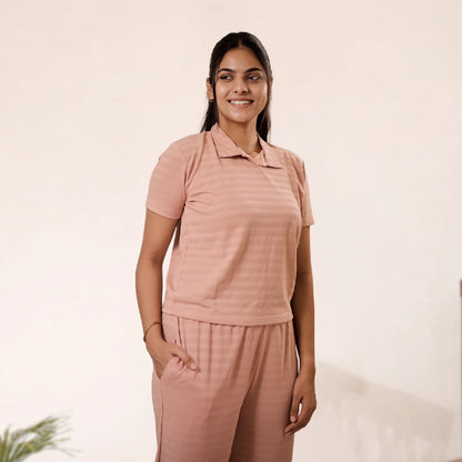 Cotton Collar Neck Nightwear Set - Top & Pants (Peach)