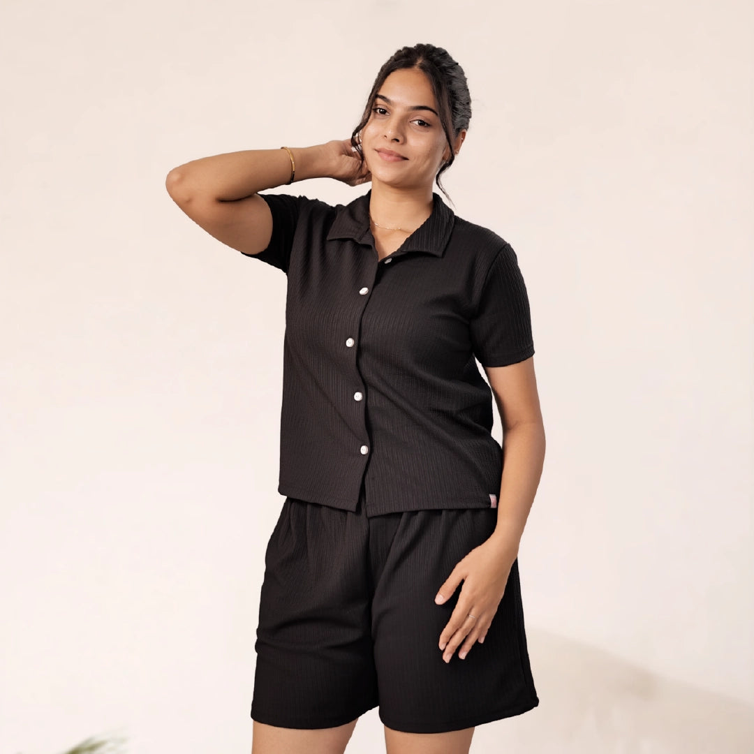 Button-Down Collar Nightwear Set Top + Short Nightwears (Black)