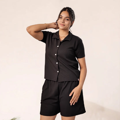 Button-Down Collar Nightwear Set Top + Short Nightwears (Black)