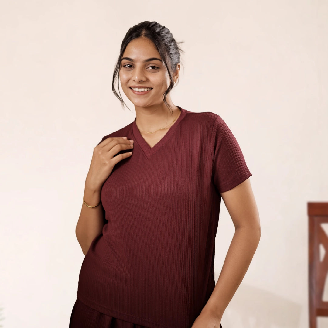 Cotton V Neck Top + Short Nightwears (dark marron)