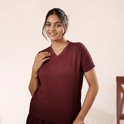 Cotton V Neck Top + Short Nightwears (dark marron)