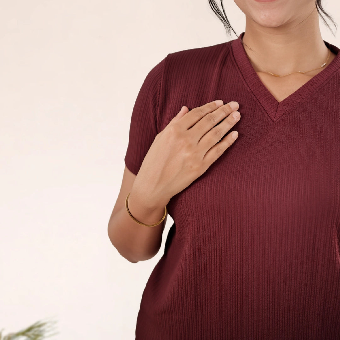 Cotton V Neck Top + Short Nightwears (dark marron)