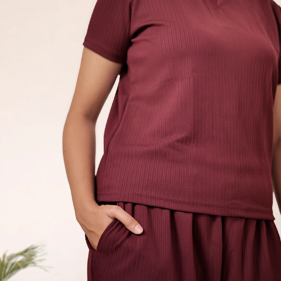 Cotton V Neck Top + Short Nightwears (dark marron)