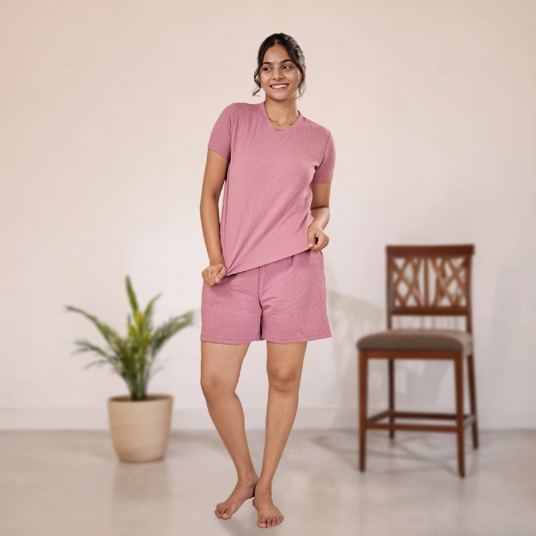Cotton Round Neck Top + Short Nightwears (Pink)