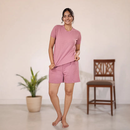 Cotton Round Neck Top + Short Nightwears (Pink)